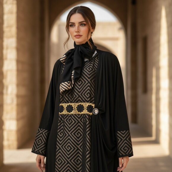 DUBAI CUSTOM ABAYA Wedding Dress Evening Kaftan Robe Maxi Thobe Scarf XL 1X 2X - Picture 1 of 16